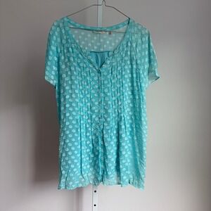 Soft Surroundings Aqua Blue Polka Dot Button Down Short‎ Sleeve Top L